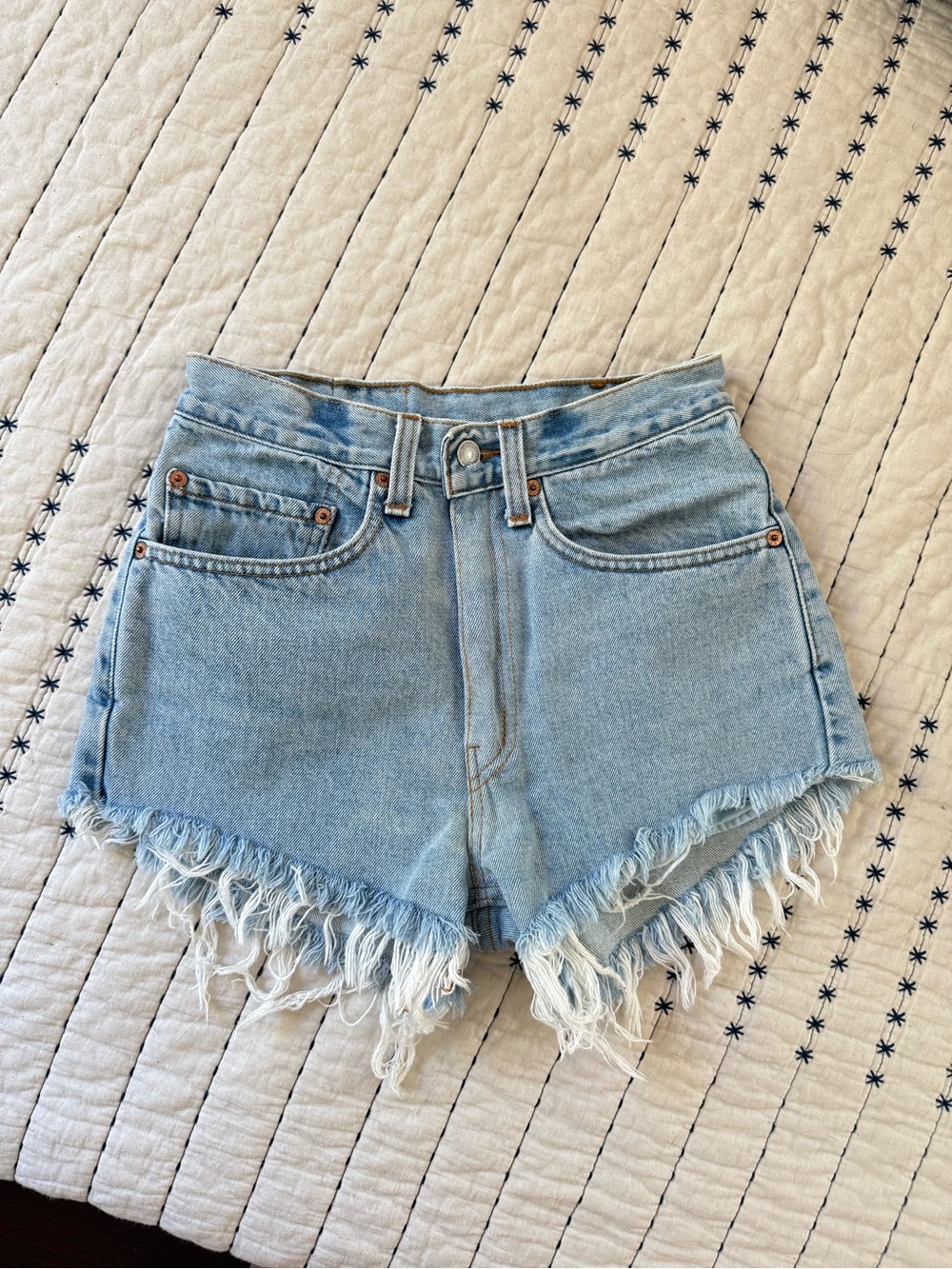 Levi's Light Blue High-Rise Frayed Denim Shorts